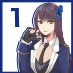  1girl arm_at_side assault_lily black_gloves black_necktie blue_border blue_jacket border braid brown_hair butterfly_hair_ornament closed_mouth collared_shirt commentary cosplay countdown epaulettes fingerless_gloves fingernails funada_kiito funada_kiito_(cosplay) gloves green_eyes hair_ornament hand_up ishii_haruna jacket long_hair long_sleeves looking_at_viewer mole mole_under_eye necktie nigari_(ngari_0115) outside_border real_life shirt side_braid simple_background single_braid smile solo upper_body voice_actor voice_actor_connection white_background white_shirt 