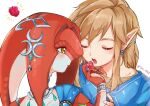  1boy 1girl blonde_hair blue_shirt brown_eyes collarbone colored_skin earrings feeding food fruit hair_ornament holding holding_food holding_fruit jewelry link long_hair mipha portrait profile red_skin shirt the_legend_of_zelda the_legend_of_zelda:_breath_of_the_wild tuki_0427 zora 