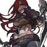  1girl belt black_pants breasts brown_belt cowboy_shot from_below grin hair_over_one_eye highres holding holding_knife katarina_(league_of_legends) knife large_breasts league_of_legends long_hair looking_down mag_cora_imparo navel pants red_hair red_lips scar scar_across_eye shoulder_plates signature simple_background smile stomach stomach_tattoo tattoo teeth white_background 