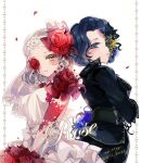  2girls artist_name back-to-back belt black_jacket blue_eyes blue_flower blue_hair blue_rose bouquet bow bridal_veil closed_mouth crossed_arms curly_hair dress earrings eric_knikki eyeshadow flower flower_over_eye frilled_dress frills gloves gold_trim grey_hair holding holding_bouquet identity_v jacket jewelry lace lace_gloves lace_trim long_sleeves looking_at_viewer makeup margaretha_zelle margaretha_zelle_(vile_blossom) medium_hair multiple_girls parted_lips petals red_eyeshadow red_flower red_rose rose rose_petals short_hair simple_background sleeveless sleeveless_dress smile twitter_username v_arms veil vera_nair vera_nair_(crimson_bride) wedding_dress white_background white_bow white_dress yellow_eyes 