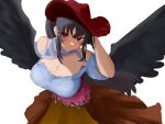  1girl absurdres bandana bare_shoulders black_hair black_wings breasts brown_headwear cleavage closed_mouth cowboy_hat dress hat highres kurokoma_saki large_breasts looking_at_viewer moriforest1040 multicolored_clothes multicolored_dress pegasus_wings red_eyes short_sleeves simple_background solo touhou white_background white_bandana wings 
