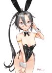  1girl adjusting_eyewear alternate_costume amagiri_(kancolle) animal_ears asymmetrical_bangs bare_legs black_bow black_bowtie black_leotard bow bowtie breasts detached_collar grey_eyes grey_hair hair_between_eyes highres kantai_collection leotard long_hair one-hour_drawing_challenge playboy_bunny ponytail rabbit_ears side-tie_leotard simple_background small_breasts solo tetsukuzu_(yajirushi_shita) very_long_hair white_background wrist_cuffs 