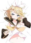  1girl black_sleeves blonde_hair blush bright_pupils collarbone commentary detached_sleeves green_eyes hair_ornament hairclip headset ixy kagamine_rin lying nail_polish navel on_back short_hair solo stomach symbol-only_commentary vocaloid white_pupils yellow_nails 