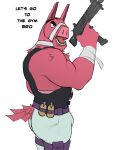  animate_inanimate anthro bandage bandaged_arm bandaged_neck bulletproof_vest camelid dialogue epic_games eye_patch eyewear fortnite fur hi_res holding_object holding_weapon i_need_more_bullets legband living_pinata llama lt._john_llama male mammal muscular muscular_anthro muscular_arms muscular_male open_mouth pinata pink_body pink_fur shell_(projectile) shotgun_shell solo tail text toro_artz tufted_fur weapon wraps 
