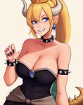  1girl absurdres armlet bare_shoulders black_dress black_nails blonde_hair blue_eyes bowsette bracelet breasts cleavage collar collarbone crown desm0nt dress earrings fingernails grin hair_between_eyes hand_up highres horns jewelry large_breasts long_hair looking_at_viewer nail_polish pointy_ears ponytail sharp_fingernails sharp_teeth simple_background smile solo spiked_armlet spiked_bracelet spiked_collar spikes strapless strapless_dress super_crown tail teeth turtle_shell upper_body white_background 