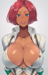  1girl arms_behind_back blue_eyes breasts buttons cleavage collarbone dark-skinned_female dark_skin giovanna_(guilty_gear) guilty_gear guilty_gear_strive highres ippo large_breasts lips looking_at_viewer parted_lips red_hair short_hair simple_background sleeves_pushed_up smile solo suspenders unbuttoned unbuttoned_shirt white_background 