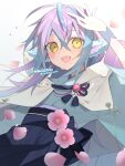  1girl animal_ears blue_hair blue_kimono flower hand_up highres japanese_clothes kimono long_hair looking_at_viewer multicolored_hair open_mouth original petals pointy_ears purple_hair sash smile solo twitter_username yachishi_orca yellow_eyes 
