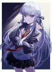  1girl black_gloves black_jacket black_skirt border braid brown_necktie closed_mouth collared_shirt crossed_arms danganronpa:_trigger_happy_havoc danganronpa_(series) gloves grey_hair grey_shirt jacket kirigiri_kyoko kusatakesi long_sleeves miniskirt necktie open_clothes open_jacket outside_border pink_eyes pleated_skirt shirt side_braid single_braid skirt smile solo white_border white_shirt 