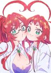  2girls :3 ahoge between_breasts black-framed_eyewear blush bolo_tie breasts cheek-to-cheek cleavage closed_mouth coat collared_shirt commentary_request dual_persona glasses green_eyes heads_together heart heart-shaped_pupils highres huge_ahoge kimi_no_koto_ga_dai_dai_dai_dai_daisuki_na_100-nin_no_kanojo lab_coat large_breasts long_hair looking_at_viewer mole mole_on_breast multiple_girls open_clothes open_coat partially_unbuttoned ponytail puckered_lips purple_shirt red_hair semi-rimless_eyewear shirt short_eyebrows short_hair simple_background smile symbol-shaped_pupils thick_eyebrows under-rim_eyewear upper_body v-shaped_eyebrows white_background white_coat white_shirt yakuzen_kusuri yano_akane 