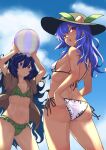  2girls absurdres ass ball beachball bikini black_headband blue_bow blue_eyes blue_hair blue_sky bow breasts cleavage cloud commentary_request food fruit green_bikini hair_between_eyes hair_bow headband highres hinanawi_tenshi hood hoodie kaden_(muxt8423) leaf long_hair looking_back multiple_girls open_clothes open_hoodie outdoors peach red_eyes sky small_breasts swimsuit touhou very_long_hair white_bikini yorigami_shion 