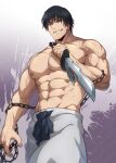  1boy abs absurdres baggy_pants bara black_hair chain fushiguro_touji highres holding holding_weapon jujutsu_kaisen kuroshinki large_pectorals male_focus mature_male muscular muscular_male navel nipples pants pectorals scar scar_on_face scar_on_mouth short_hair solo weapon 