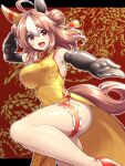  1girl animal_ears black_gloves breasts brown_hair china_dress chinese_clothes copano_rickey_(umamusume) dragon dress ear_covers fang gloves high_heels highres horse_ears horse_girl horse_tail large_breasts leg_up looking_at_viewer medium_hair pataneet purple_eyes red_background red_eyes red_footwear simple_background single_ear_cover solo standing standing_on_one_leg tail thigh_strap umamusume white_background yellow_dress 