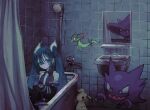  1girl aqua_hair bathroom bathtub collared_shirt detached_sleeves dreepy ghost ghost_miku_(project_voltage) glitch grey_shirt hatsune_miku haunter highres long_hair looking_at_viewer mimikyu mismagius necktie pale_skin pokemon pokemon_(creature) project_voltage shirt sink sleeves_past_fingers sleeves_past_wrists tima_kuromiya twintails very_long_hair vocaloid will-o&#039;-the-wisp_(mythology) 