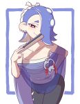  1girl black_pants blue_hair breasts closed_mouth collarbone earrings hair_over_one_eye hand_fan hand_on_own_hip highres holding holding_fan jewelry looking_at_viewer medium_hair navel pants red_eyes shiver_(splatoon) small_breasts smile splatoon_(series) splatoon_3 tentacle_hair vibrantrida 