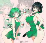  2girls :d :o apron bad_proportions black_hair black_nails breasts cup curly_hair curvy disposable_cup frills fubuki_(one-punch_man) green_apron green_eyes green_hair green_nails highres iced_latte_with_breast_milk_(meme) jarckius large_breasts looking_at_viewer marker meme multiple_girls naked_apron one-punch_man open_mouth short_hair siblings sisters small_breasts smile starbucks tatsumaki telekinesis v-shaped_eyebrows wide_hips zoom_layer 