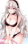  1girl :d alternate_costume bikini black_bikini black_choker black_hairband breasts choker cleavage commentary_request corrin_(female)_(fire_emblem) corrin_(fire_emblem) cowboy_shot fire_emblem fire_emblem_fates grey_hair hairband highres kirishima_riona large_breasts long_hair looking_at_viewer navel open_mouth pointy_ears red_eyes smile solo standing stomach swimsuit thighs very_long_hair 