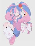  1girl absurdres bag blue_skirt bull_sprite_(pokemon) cardigan choker clefairy_sprite_(pokemon) fairy_miku_(project_voltage) fish_sprite_(pokemon) flower fossil_sprite_(pokemon) hair_flower hair_ornament hatsune_miku heart heart_choker highres leg_warmers long_hair meltyy miniskirt multicolored_eyes multicolored_hair nail_polish one_eye_closed pink_cardigan pink_footwear pink_nails pokemon project_voltage scrunchie shoulder_bag simple_background skirt tongue tongue_out twintails two-tone_hair very_long_hair vocaloid wrist_scrunchie 