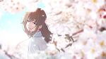  1girl absurdres blue_sky brown_eyes brown_hair cherry_blossoms crying crying_with_eyes_open day highres long_hair oka_kojiro open_mouth original outdoors sky solo sweater tears turtleneck upper_body white_sweater 