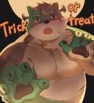  absurd_res anthro blush canid canine canis clothed clothing domestic_dog english_text frankenstein_costume full_moon guoshu2333 halloween halloween_costume hi_res holidays lifewonders male mammal moon moritaka musclegut pawpads pecs scar solo text tokyo_afterschool_summoners topless 