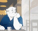  2023 anthro canid canine canis clothing detailed_background domestic_dog hi_res humanoid_hands inside inunoshippo kemono male mammal mug overweight overweight_male raining shirt sitting solo topwear 