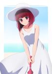  1girl arima_kana bare_shoulders beach blue-rapid blue_sky blurry blurry_background bob_cut border closed_mouth collarbone commentary_request cowboy_shot day dress english_commentary hat highres holding ibispaint_(medium) inverted_bob looking_at_viewer medium_hair mixed-language_commentary oshi_no_ko red_eyes red_hair shadow sky sleeveless sleeveless_dress smile solo sun_hat sundress white_border white_dress white_headwear 
