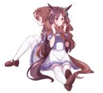  2girls absurdres ahoge animal_ears blue_bow bow bowtie braid brown_footwear brown_hair closed_eyes ear_bow frilled_skirt frills highres horse_ears horse_girl horse_tail horseshoe_ornament loafers long_hair mejiro_bright_(umamusume) mejiro_dober_(umamusume) multiple_girls nitsu_(nitsuni2_2) pleated_skirt puffy_short_sleeves puffy_sleeves purple_bow purple_bowtie purple_eyes purple_serafuku purple_shirt sailor_collar sailor_shirt school_uniform serafuku shirt shoes short_sleeves simple_background sitting skirt sleeping tail thighhighs tracen_school_uniform twin_braids umamusume wavy_hair white_background white_skirt white_thighhighs 