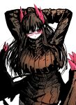  1girl ;o arms_behind_head black_hair black_sweater black_tail black_wings breasts colored_skin contrapposto curvy demon_girl demon_horns demon_tail hair_between_eyes highres horns huge_breasts large_breasts limited_palette long_hair merii_(mazohaha) musuko_ga_kawaikute_shikatanai_mazoku_no_hahaoya one_eye_closed red-framed_eyewear red_eyes red_horns ribbed_sweater semi-rimless_eyewear simple_background sweater tail thighs under-rim_eyewear white_background white_skin wings zyugoya 