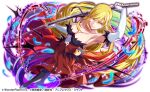  1girl arm_up armpits black_pantyhose blonde_hair breasts closed_mouth copyright dress dutch_angle elbow_gloves floating_hair gloves grey_footwear high_heels holding holding_weapon katana kiss-shot_acerola-orion_heart-under-blade large_breasts long_hair monogatari_(series) official_art oshino_shinobu pantyhose pointy_ears promotional_art red_dress solo standing strapless strapless_dress sword weapon white_gloves yellow_eyes 