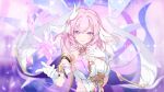  1girl bare_shoulders breasts character_name crystal elysia_(herrscher_of_human:ego)_(honkai_impact) elysia_(honkai_impact) english_text gloves hair_between_eyes hand_on_own_chest highres honkai_(series) honkai_impact_3rd large_breasts looking_at_viewer official_art official_wallpaper pink_eyes pink_hair solo upper_body white_gloves white_headwear 