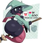  &lt;3 anthro big_butt black_body black_fur blush bovid broom broom_riding bulge butt caprine cleaning_tool clothing darkner deltarune emoji eyewear fur genitals glasses goat green_background green_clothing hat headgear headwear hearts_around_head hi_res horn huge_butt huge_thighs humanoid igxxiii legwear looking_at_viewer male mammal penis ralsei scarf simple_background solo tail thick_thighs thigh_highs tongue tongue_out undertale_(series) witch_hat 