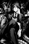  1boy absurdres butler demon eye_trail fish formal gloves gloves_removed glowing glowing_eyes goat greyscale hand_on_own_cheek hand_on_own_face highres kuroshitsuji light_trail male_focus monochrome monster naijarski sebastian_michaelis short_hair solo suit victorian 