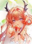  1girl 2328625772 absurdres apple arknights artist_name blush breasts cleavage demon_horns fingernails food fruit hair_between_eyes hair_ornament hair_rings hand_up highres holding holding_food holding_fruit horns light_smile lips long_hair looking_at_viewer medium_breasts official_alternate_costume parted_lips purple_eyes red_hair solo star_(symbol) star_hair_ornament surtr_(arknights) surtr_(colorful_wonderland)_(arknights) swimsuit_cover-up upper_body 