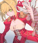  1girl absurdres anianiani0607 blonde_hair braid breasts cleavage epaulettes fate/extra fate/extra_ccc fate/grand_order fate_(series) foreshortening french_braid from_above green_eyes hair_bun highres leotard looking_at_viewer looking_up nero_claudius_(fate) see-through smile solo type-moon white_background white_leotard 
