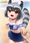  1girl alternate_costume animal_ear_fluff animal_ears beach bikini black_eyes black_hair breasts choker collarbone common_raccoon_(kemono_friends) cowboy_shot day fang frilled_bikini frills grey_hair hand_on_own_chest hands_up happy highres holding_hands japari_symbol kemono_friends leaning_forward medium_breasts medium_hair multicolored_hair navel ocean open_mouth outdoors parted_bangs pleated_skirt pov pov_hands raccoon_ears raccoon_girl raccoon_tail sand skirt smile solo_focus stomach swimsuit tail water white_hair yonkuron 