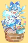  +_+ 1girl absurdres baron_(x5qgeh) blue_bow blue_dress blue_eyes blue_footwear blue_hair blush bow cirno crossover detached_wings dress fairy food hair_between_eyes hair_bow highres ice ice_cream ice_wings open_mouth pokemon pokemon_(creature) shirt shoes short_hair short_sleeves simple_background smile solo touhou vanilluxe white_shirt wings yellow_background 