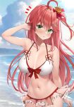  1girl ahoge bare_shoulders beach bikini bikini_skirt blush breasts cloud cloudy_sky collarbone commentary_request day green_eyes hair_between_eyes hair_ornament hairclip highres hololive large_breasts long_hair looking_at_viewer navel ocean one_side_up open_mouth otk0u6 outdoors pink_hair sakura_miko sky solo swimsuit virtual_youtuber white_bikini 