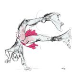  1:1 amphibian anthro bottomwear butt clothed clothing frog handstand hi_res male membrane_(anatomy) oselotti partially_colored pink_bottomwear pink_clothing pink_skirt rear_view signature simple_background sketch skirt smile solo topless webbed_feet white_background 