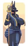  absurd_res amber_eyes anthro anubian_jackal big_breasts black_body black_fur breasts butter_sugoi canid canine canis clothed clothing female fur gold_(metal) gold_jewelry hi_res huge_breasts jackal jewelry mammal middle_eastern_mythology mythology nipples solo staff thick_thighs 
