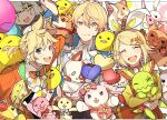  1girl 2boys absurdres ascot balloon blue_eyes bow brother_and_sister closed_eyes detached_sleeves hair_bow hair_ornament headphones headset highres holding holding_stuffed_toy hoshi-toge jacket kagamine_len kagamine_rin long_sleeves microphone multiple_boys nenerobo open_mouth orange_jacket pink_bow project_sekai short_ponytail siblings smile star_(symbol) star_hair_ornament stuffed_animal stuffed_bird stuffed_bunny_(project_sekai) stuffed_cat stuffed_rabbit stuffed_toy stuffed_turtle teddy_bear tenma_tsukasa twins upper_body vest vocaloid white_ascot white_jacket white_vest wonderlands_x_showtime_(project_sekai) wonderlands_x_showtime_len wonderlands_x_showtime_rin 