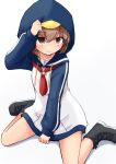  1girl alternate_costume animal_hood black_footwear blue_sailor_collar boots brown_eyes brown_hair cross-laced_footwear dress hood kakizaki_(chou_neji) kantai_collection lace-up_boots lifebuoy_ornament looking_at_viewer neckerchief penguin_hood red_neckerchief sailor_collar sailor_dress short_hair simple_background sitting solo wariza white_background white_dress yukikaze_(kancolle) 