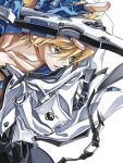  1boy blonde_hair blue_eyes blue_gloves collarbone dong_hole english_text gloves guilty_gear guilty_gear_strive highres holding holding_sword holding_weapon jacket jacket_on_shoulders ky_kiske male_focus open_mouth partially_fingerless_gloves short_hair simple_background solo sword thunderseal weapon white_background white_jacket 