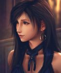  1girl absurdres artist_name bare_shoulders black_hair blue_dress blurry blurry_background commentary crescent crescent_earrings crescent_moon dress earrings english_commentary final_fantasy final_fantasy_vii final_fantasy_vii_remake gold_earrings highres jewelry lips long_hair looking_to_the_side moon neck_ribbon official_alternate_costume parted_lips realistic red_eyes ribbon safaiaart single_earring sleeveless sleeveless_dress solo swept_bangs tifa_lockhart tifa_lockhart&#039;s_refined_dress upper_body 