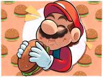  1boy brown_hair burger closed_eyes commentary eating facial_hair food food_in_mouth food_on_face hat highres holding holding_food jiggidyjakes male_focus mario mario_(series) mustache patterned_background sesame_seeds solo upper_body 