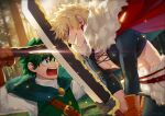  2boys alternate_universe armor backlighting bakugou_katsuki bare_pectorals belt_buckle black_sleeves blonde_hair blurry boku_no_hero_academia brown_gloves buckle buttons cape clothing_request crossed_swords detached_sleeves double-breasted duel dutch_angle eye_contact eyes_visible_through_hair floating_cape forest freckles from_side fur-trimmed_cape fur_trim gloves grass greatsword green_cape green_eyes green_hair green_vest grin hair_between_eyes hands_up high_collar holding holding_sword holding_weapon korean_commentary leaning_forward light looking_at_another making-of_available male_focus midoriya_izuku multiple_boys nature nipples no_shirt official_alternate_costume open_mouth orange_gloves outdoors pectorals profile red_cape red_eyes seoltang_(nitro_sugar) shirt short_hair shoulder_armor shoulder_belt sideways_mouth single_glove sleeves_past_elbows smile spiked_hair sunlight sweatdrop sword sword_clash teeth toned toned_male tooth_earrings tree twitter_username two-handed upper_body upper_teeth_only vest weapon white_shirt 