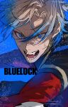  1boy absurdres anger_vein angry blonde_hair blue_background blue_eyes blue_hair blue_lock blue_shirt bo_toike57 fang floating_hair highres looking_at_viewer male_focus michael_kaiser multicolored_hair open_mouth parted_bangs red_sleeves shirt simple_background soccer_uniform solo sportswear streaked_hair sweatdrop teeth two-tone_hair upper_body 