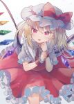  1girl :p blonde_hair blush bow crystal eyebrows_hidden_by_hair flandre_scarlet frilled_shirt_collar frilled_skirt frilled_sleeves frills grey_background hair_between_eyes hat hat_bow hat_ribbon head_tilt hiyuu_(hiyualice) kneeling leaning_forward looking_at_viewer medium_hair mob_cap multicolored_wings neck_ribbon one_side_up petite pointy_ears puffy_short_sleeves puffy_sleeves red_bow red_eyes red_ribbon red_skirt red_vest ribbon shirt short_sleeves simple_background skirt skirt_set solo tongue tongue_out touhou vest white_background white_headwear white_shirt wings wrist_cuffs 