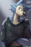  absurd_res anthro beastars black_clothing black_nose black_topwear blue_body blue_fur canid canine canis cheek_tuft clothed clothing facial_scar facial_tuft fangs front_view fur half-length_portrait hi_res kuttoyaki legoshi_(beastars) looking_aside male mammal narrowed_eyes portrait scar signature simple_background solo tan_body tan_fur teeth topwear tuft wolf 
