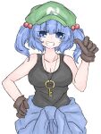  1girl bare_shoulders black_gloves black_tank_top blue_eyes blue_hair blunt_bangs breasts cabbie_hat cleavage collarbone cowboy_shot fumomono gloves grin hair_between_eyes hair_bobbles hair_ornament hand_on_own_hip hand_up hat highres kawashiro_nitori key large_breasts long_hair looking_at_viewer simple_background smile solo tank_top touhou two_side_up white_background 