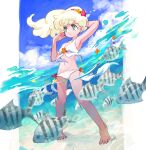  1girl at_pokky barefoot bikini blonde_hair breasts closed_mouth cloud commentary_request fish green_eyes long_hair ocean original partially_submerged partially_underwater_shot pillarboxed pink_nails signature sky small_breasts solo standing swimsuit white_bikini 