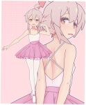  1girl :d absurdres ahoge alternate_costume back ballerina ballet_dress ballet_slippers bare_arms bare_back bare_shoulders blush breasts brown_eyes child collarbone commentary english_commentary female_child grey_hair hair_between_eyes hair_bun hair_up highres looking_at_viewer multicolored_hair multiple_views onii-chan_wa_oshimai! open_mouth outline oyama_mahiro pantyhose pink_background pink_footwear pink_hair retoleedraws shoulder_blades simple_background small_breasts smile spaghetti_strap two-tone_hair white_outline white_pantyhose 